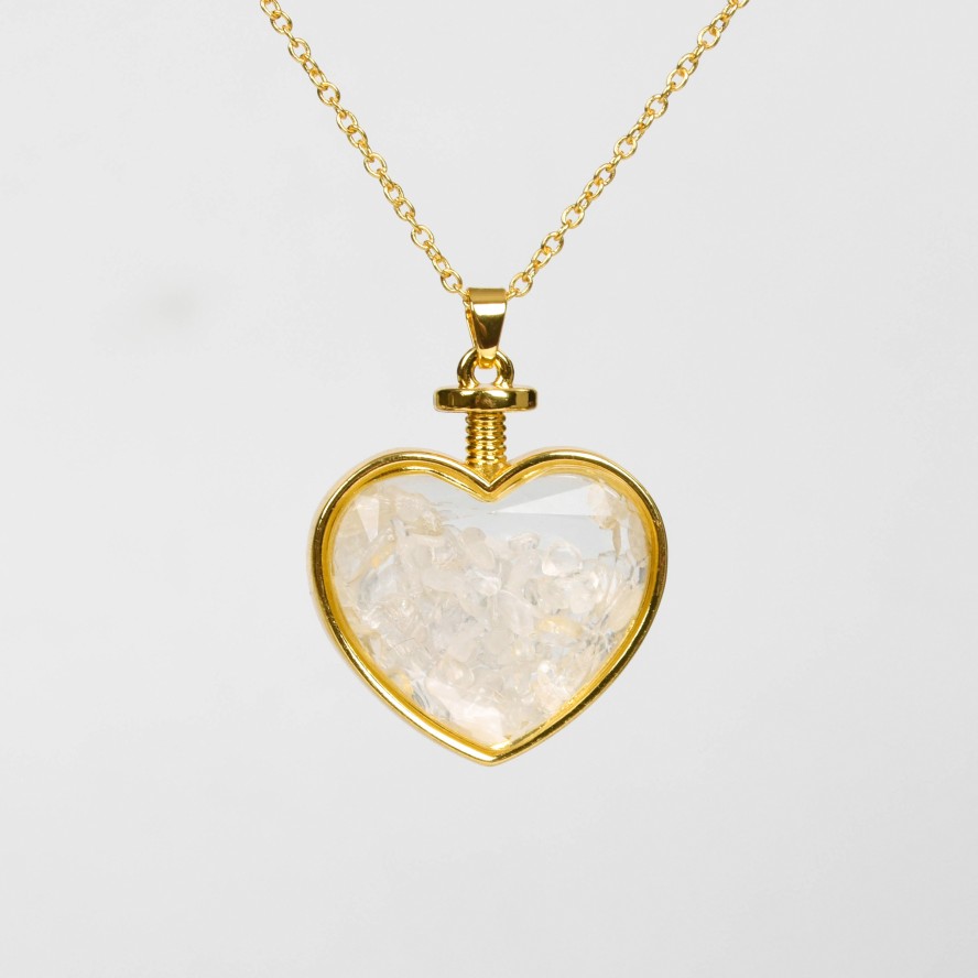 Crystal Chips In Heart Glass Pendant Necklace